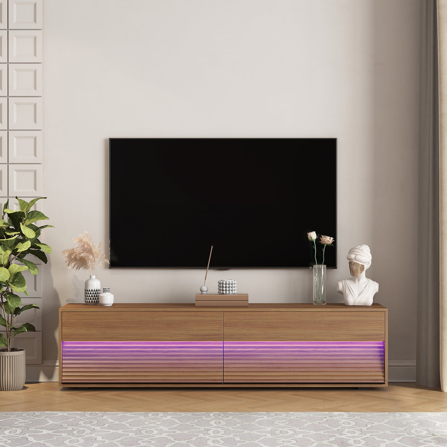 TV Stand With 16 Color LEDs, Modern TV Stand, Floating TV Cabinet Entertainment Center For 55 60 65 Inch TV,Wood