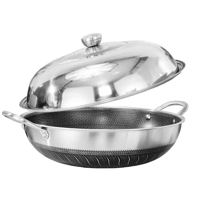 304 Stainless Steel Pot With Two Handles Honeycomb Uncoated Flat Bottom Wok