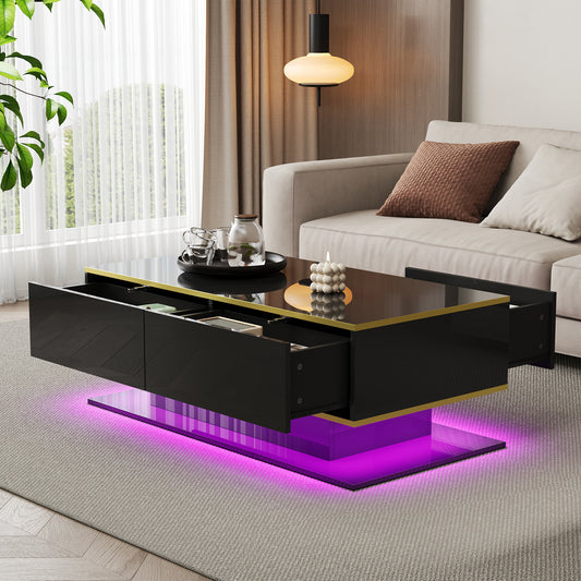 Modern LED Coffee Table With High-Gloss Finish, 100 Cm Length, Gold Accents, 3 Drawers & USB LED Light Strip Adapter-Power Bank Required