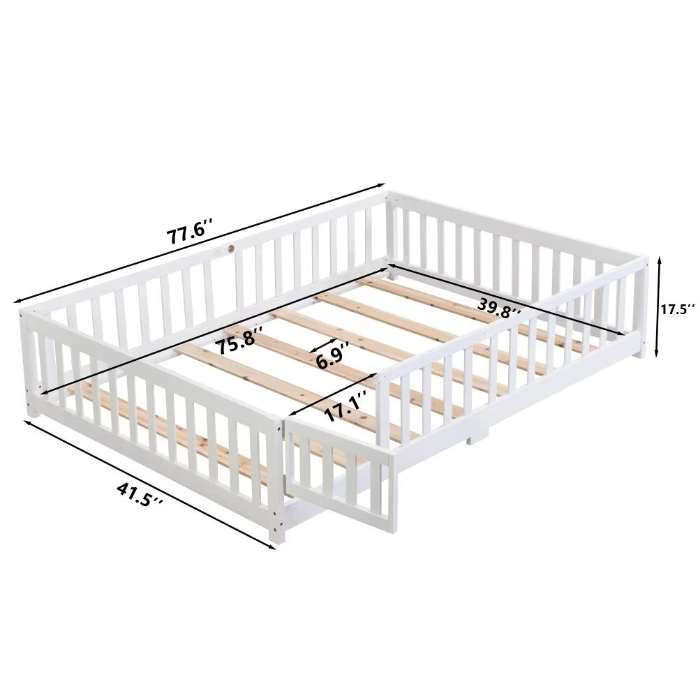 Twin Size Floor Bed With Door,Solid Wood Platform Bed Frame With Fence,Suitable For Children,Pine Wood,