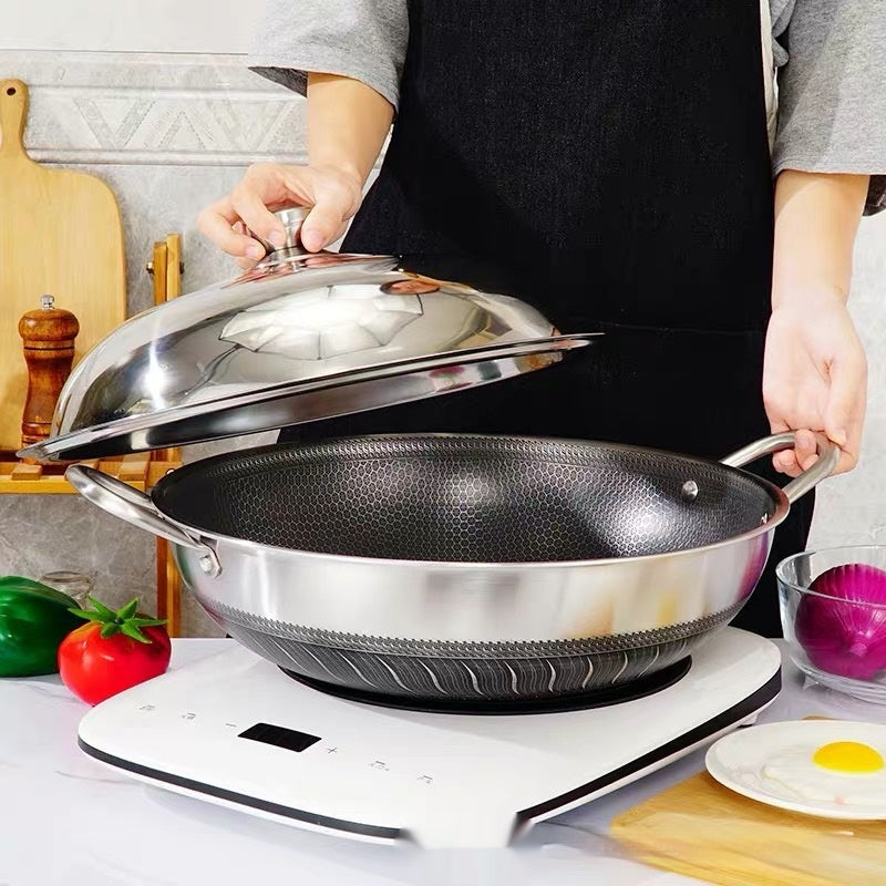 304 Stainless Steel Pot With Two Handles Honeycomb Uncoated Flat Bottom Wok