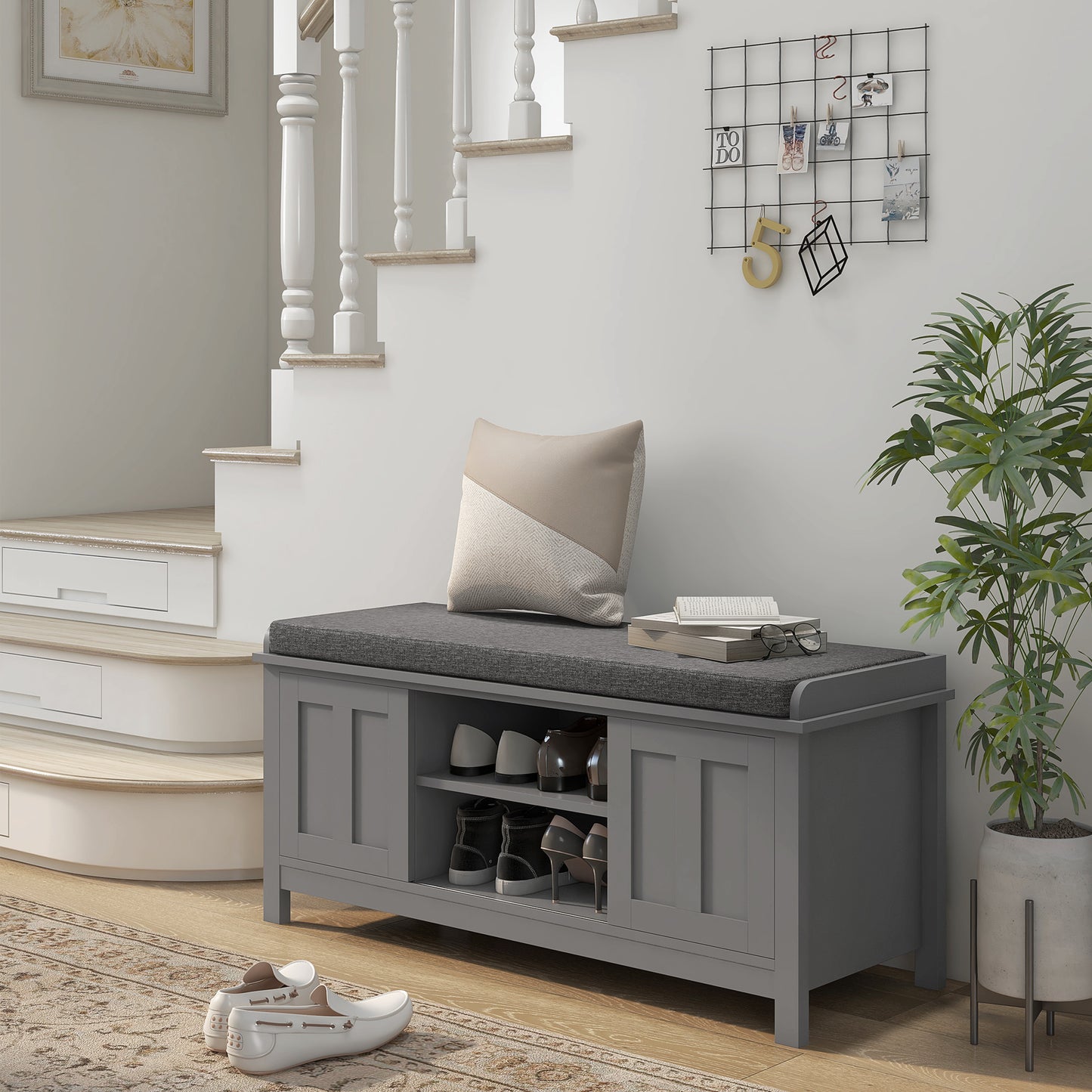 Modern Shoe Storage Bench, Entry Way Bench with Cushion, 2 Sliding Doors, Storage Ottoman Bench, Holds 10 Pairs, Gray