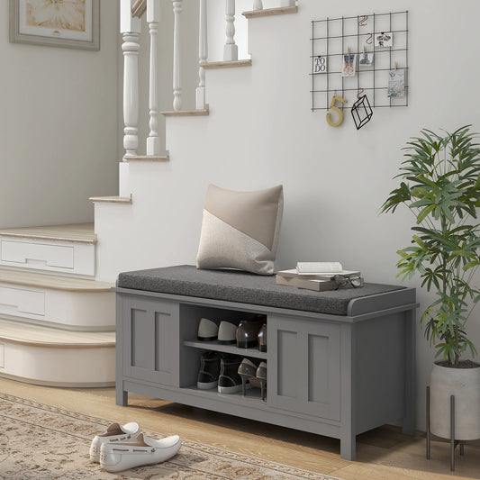 Modern Shoe Storage Bench, Entry Way Bench with Cushion, 2 Sliding Doors, Storage Ottoman Bench, Holds 10 Pairs, Gray