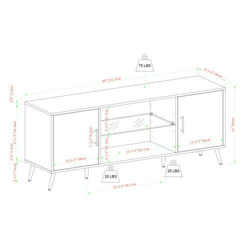 Mid-Century Modern 2-Door TV Stand For TVs With Glass Shelf - Slate Grey