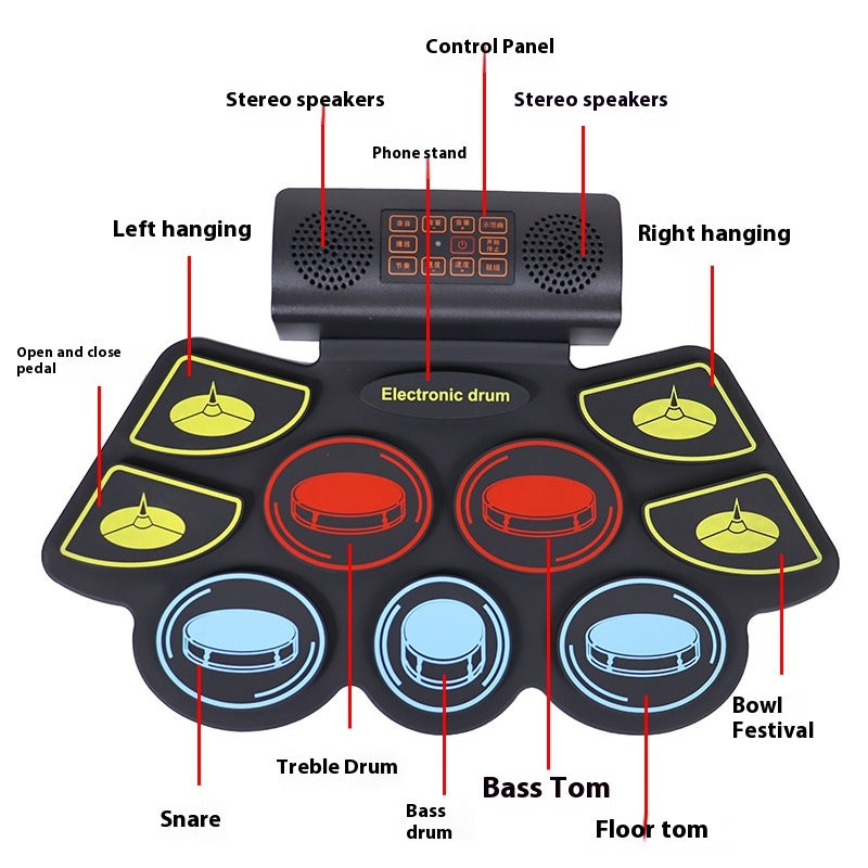 Color Hand Roll-up Drum Kit Portable Hand Roll Drum With Bracket