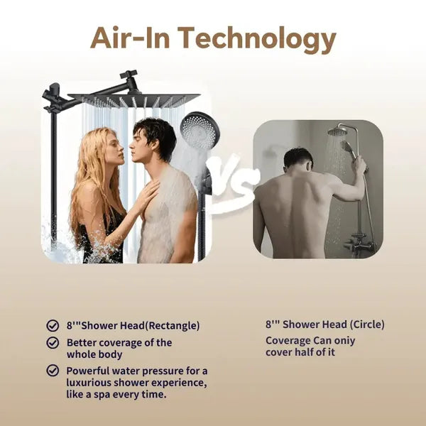 3-in-1 Shower System - High-Flow Square Rain Head + Adjustable Arm + Handheld Spray
