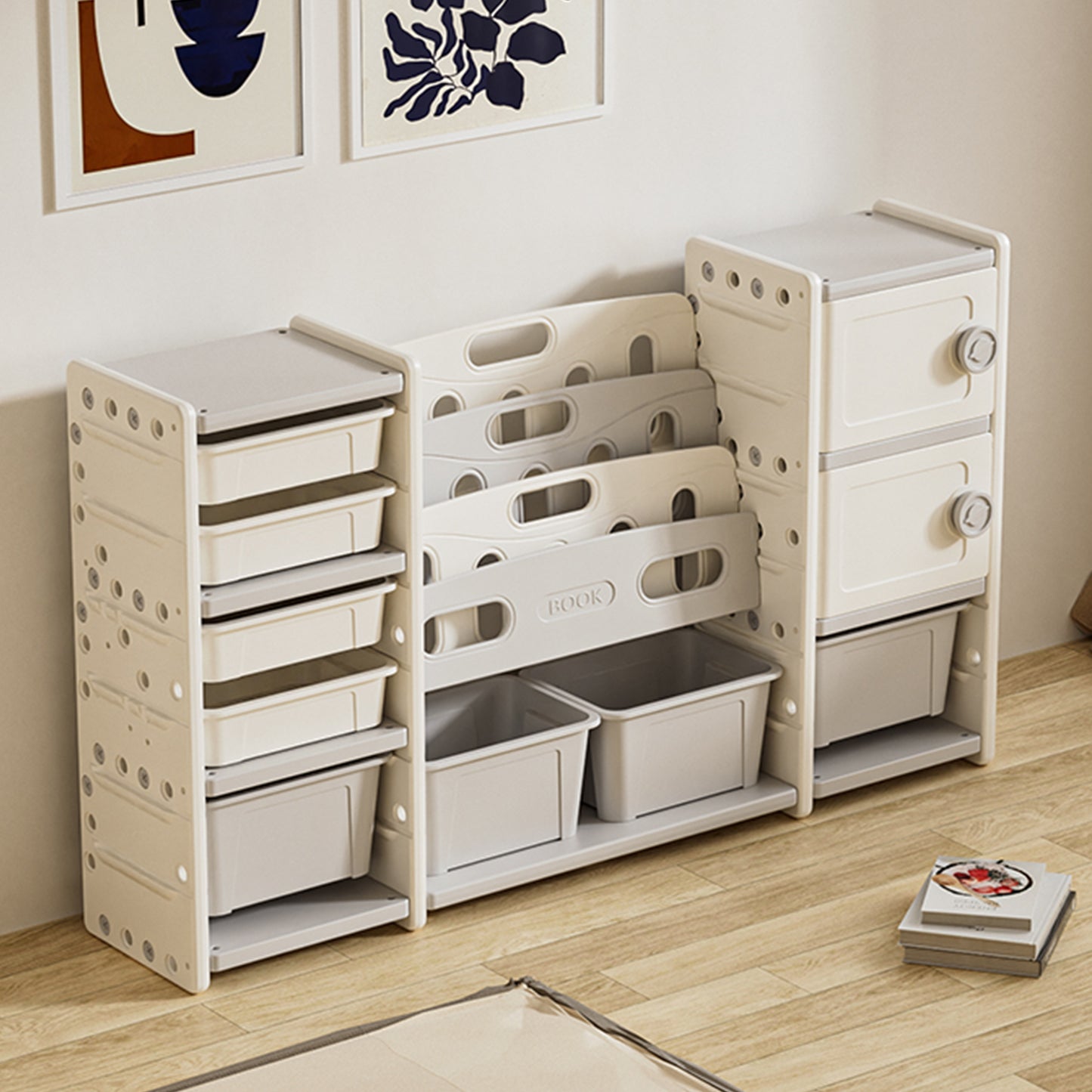 Kids Toy Storage Organizer 8 Storage Cabinet Removable Toy Bins, 4-Tier Book Organizers Storage And 2 Cabinet Storage, Kids Bookshelf And Toy Storage For Playroom, Bedroom, Kids Room