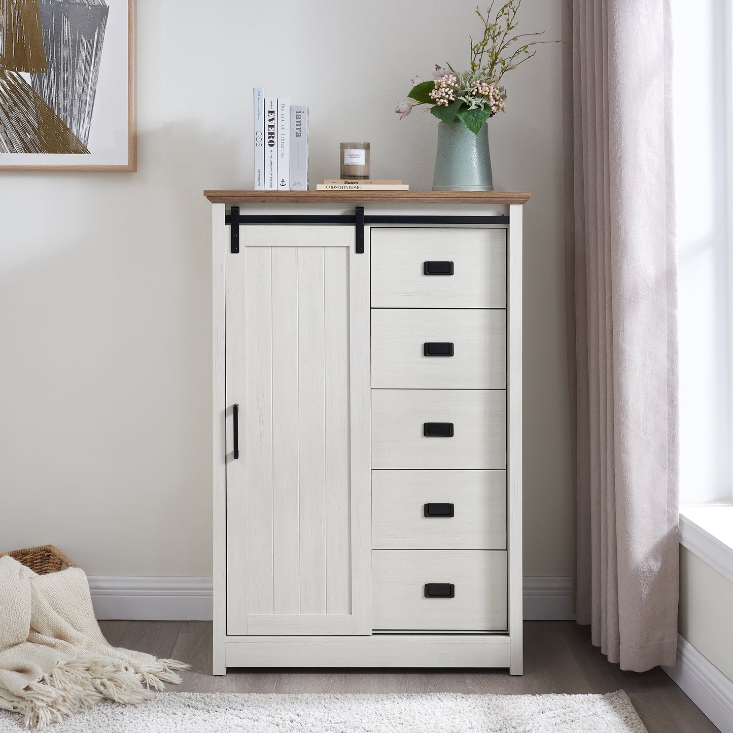 5 Drawers Dresser W Sliding Barn Door, Farmhouse Modern Tall Dresser 5 Chest Of Drawers, Storage Organizer Dresser For Bedroom, Hallway, Living Room, Kids Room WHITE
