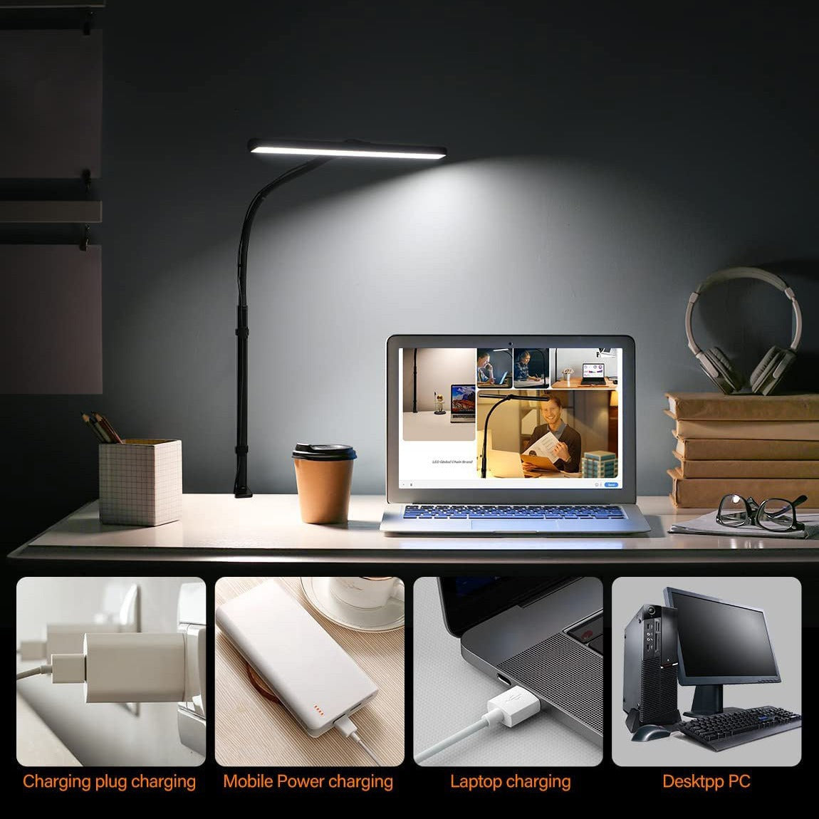 LED Table Lamp With Clamp Office Work Computer USB Double Head Desk Eye Protection