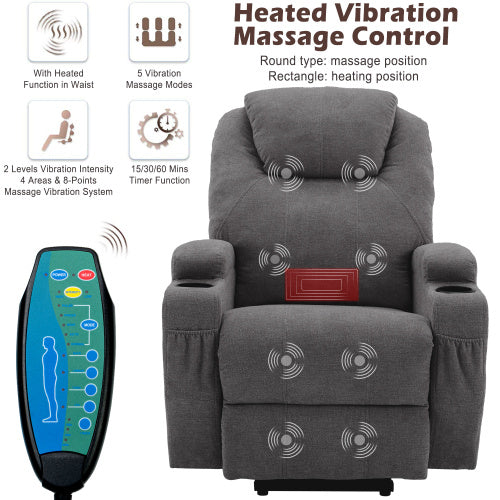 Power Lift Recliner Chair Massage Chair For Elderly, Electric Lift Chair With Heat And Massage, Fabric Recliner Sofa With 2 Cup Holders, Side Pockets & Remote Control For Living Room