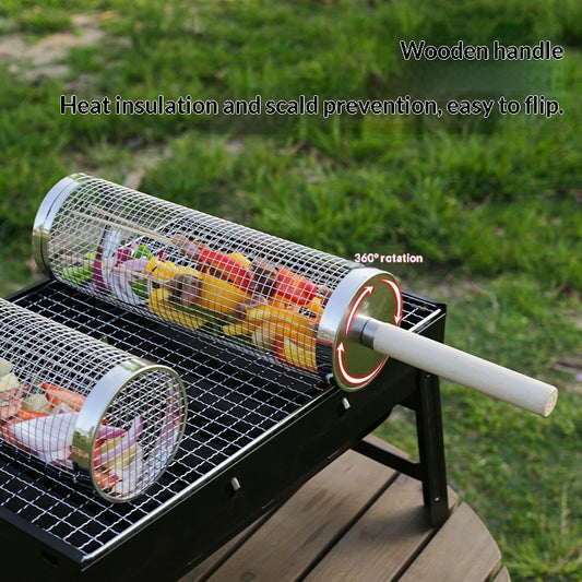 Outdoor BBQ Grill Basket With Wooden Handle