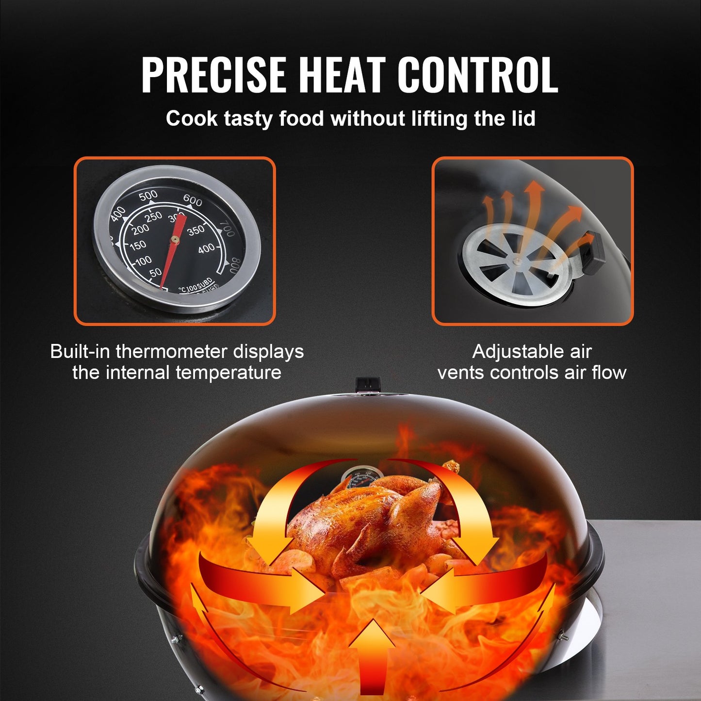 21 Inch Portable Charcoal Grill, Propane Gas Kettle Grills With Cover And Cart, Heavy Duty Iron BBQ Grill, Freestanding Smoker For Outdoor Cooking, Barbecue Camping, Picnic, Backyard Black