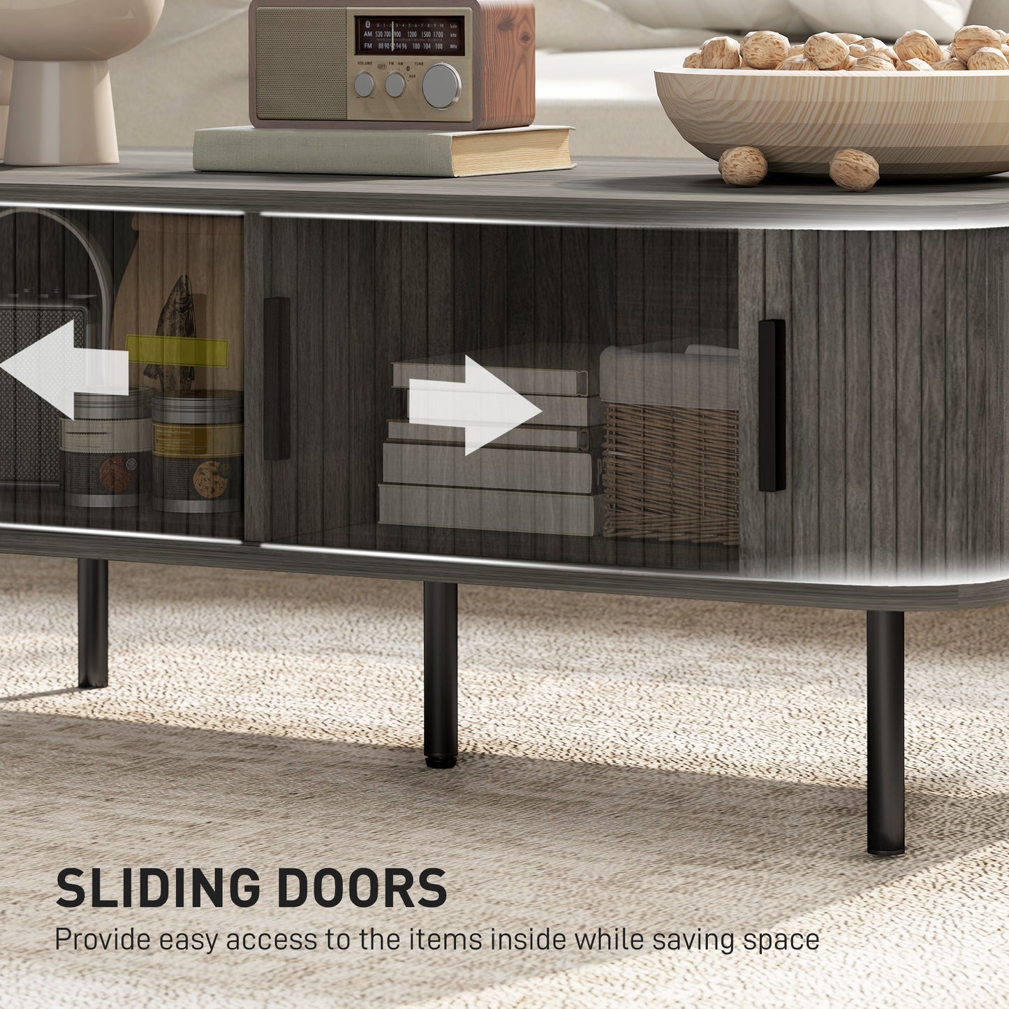 Coffee Table With Storage, Living Room Table With Slatted Tambour Sliding Doors And Foot Pads, Rectangular Coffee Table With Elevated Base For Living Room, Grey Wood-Effect
