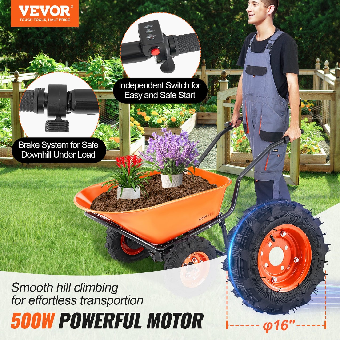 Electric Wheelbarrow Cart, 500W Powered Utility Garden Wagon Dump Cart, 4.5 Cu. Ft. Load & 573 Lbs Capacity With Metal Handle & 16' Track Wheels, Two Wheel Barrow Yard Cart & Wagons For Lawn