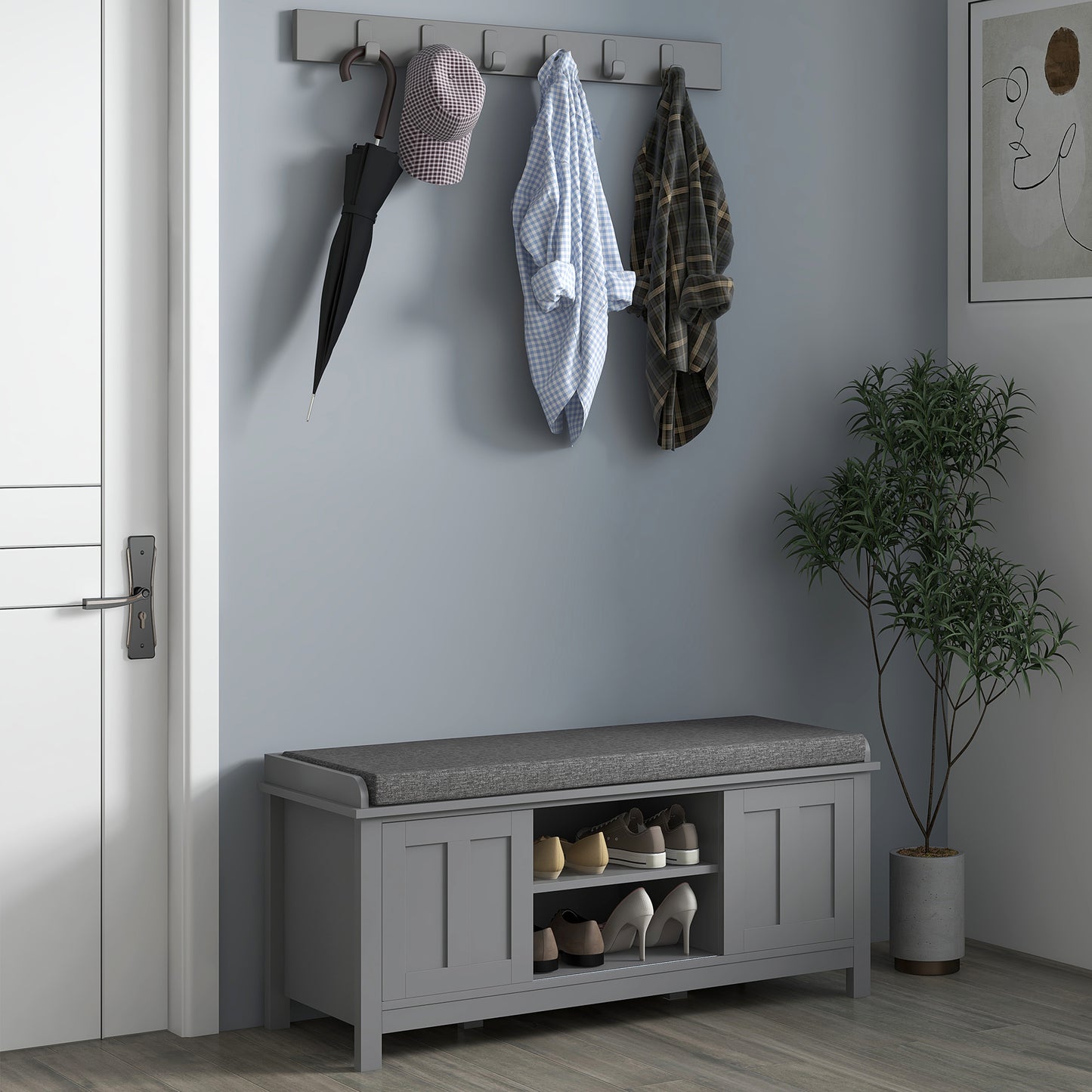 Modern Shoe Storage Bench, Entry Way Bench with Cushion, 2 Sliding Doors, Storage Ottoman Bench, Holds 10 Pairs, Gray
