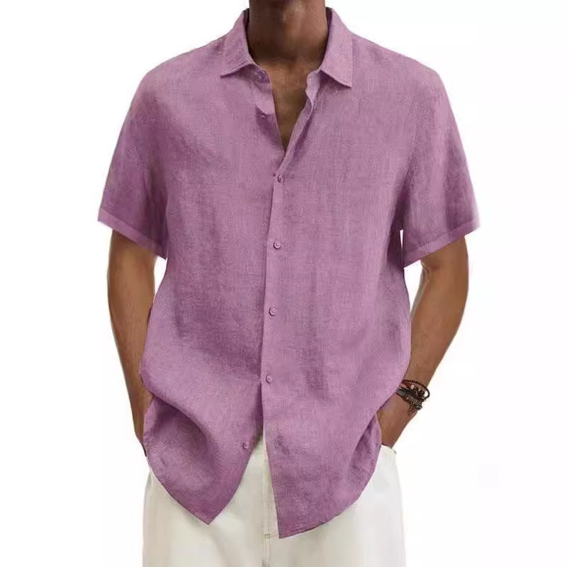 V-neck Button Cotton And Linen Solid Color Men's Trendy Shirt