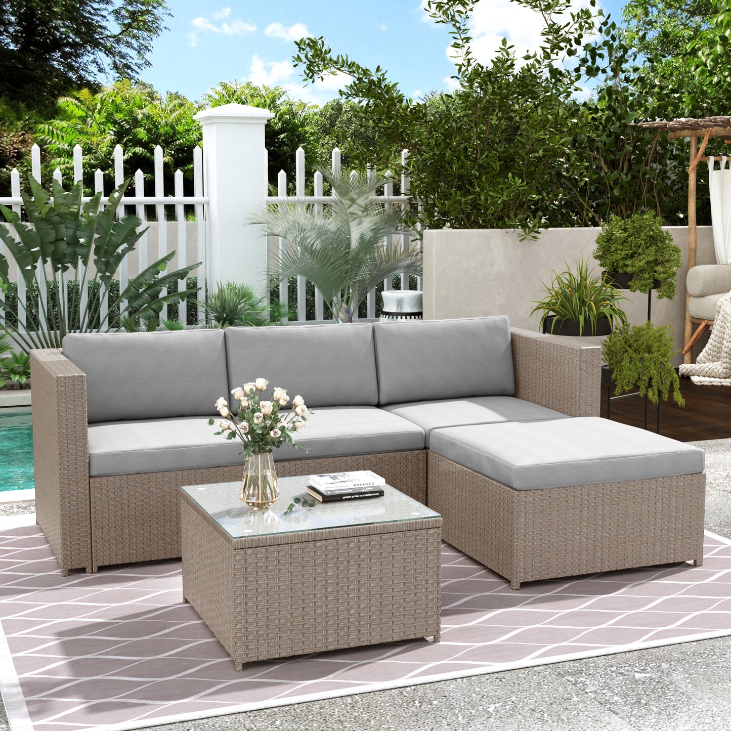 Garden Corner Sofa Rattan Garden Furniture Patio Set Garden Entertaining Set Garden Rattan Furniture Lounge Set,Khaki