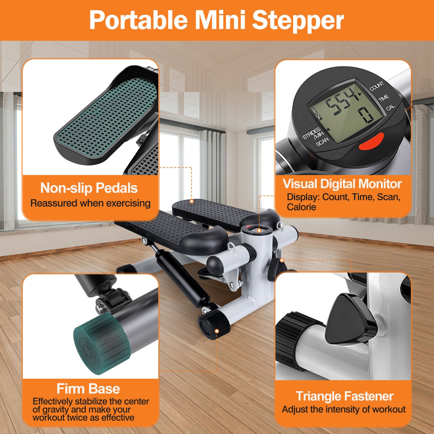 Stepper For Exercise Mini Fitness Stepper With 2 Resistance Bands LCD Monitor Max 330.7LBS Load Stair Stepper Quiet Stepper