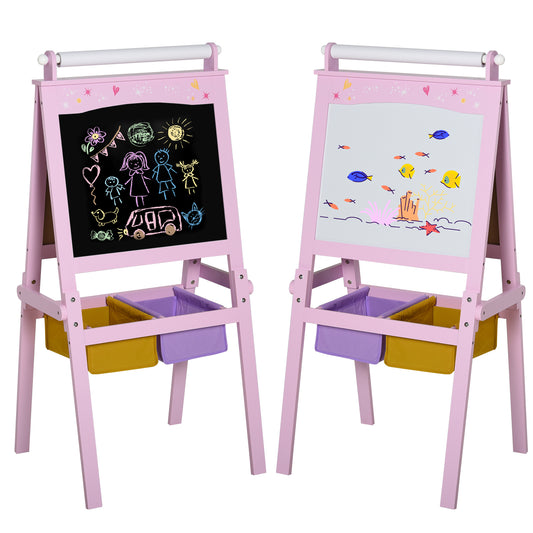 Kids Easel 3 In 1 Wooden Art Easel With Paper Roll Double-Sided Chalkboard & Whiteboard With Storage Baskets For Toddler Girls, Pink