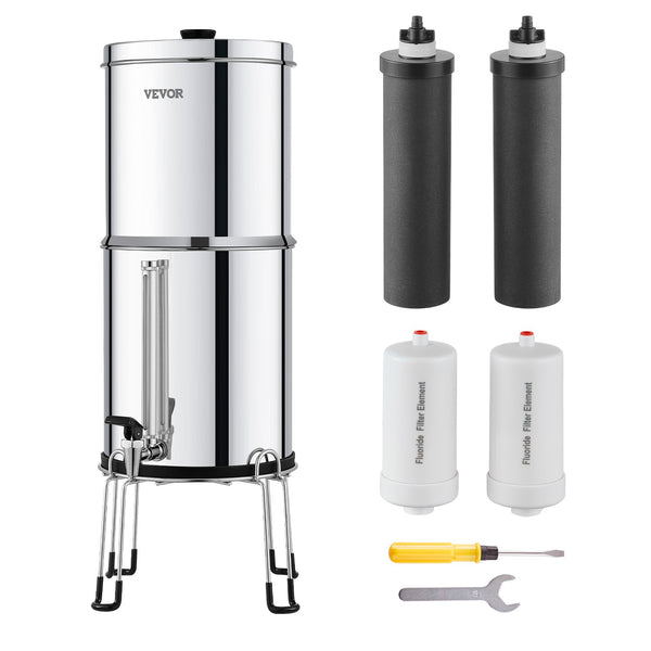 Schwerkraft Wasserfiltersystem Edelstahl Arbeitsplattensystem 7+7,5L Wasserfiltrationssystem, Reduziert Blei Und Bis Zu 99 % Chlor, Mit 2 Aktivkohlefiltern & 2 Entfluorierungsfiltern & Zapfhahn