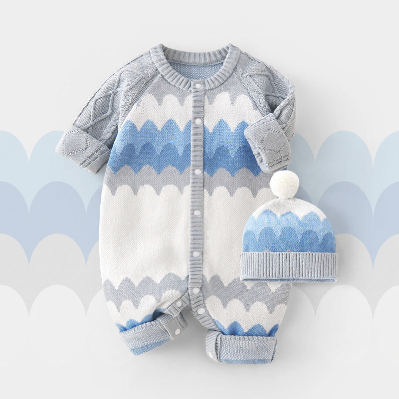 Baby Hooded Long-sleeved Knitted Cotton Jumpsuit Hat Suit