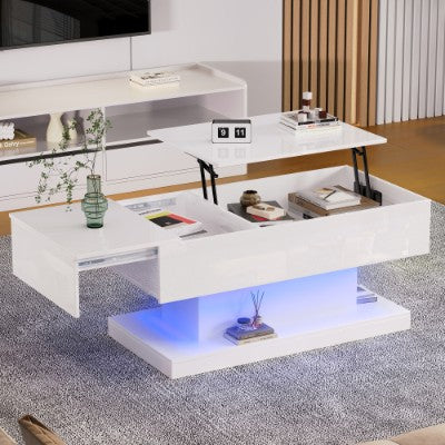 High Gloss Lift Up Top Coffee Table With Storage, Extendable Desktop Dinning Table 100 X 50 X 45 Cm, Height Adjustable Tabletop, Retractable Desk