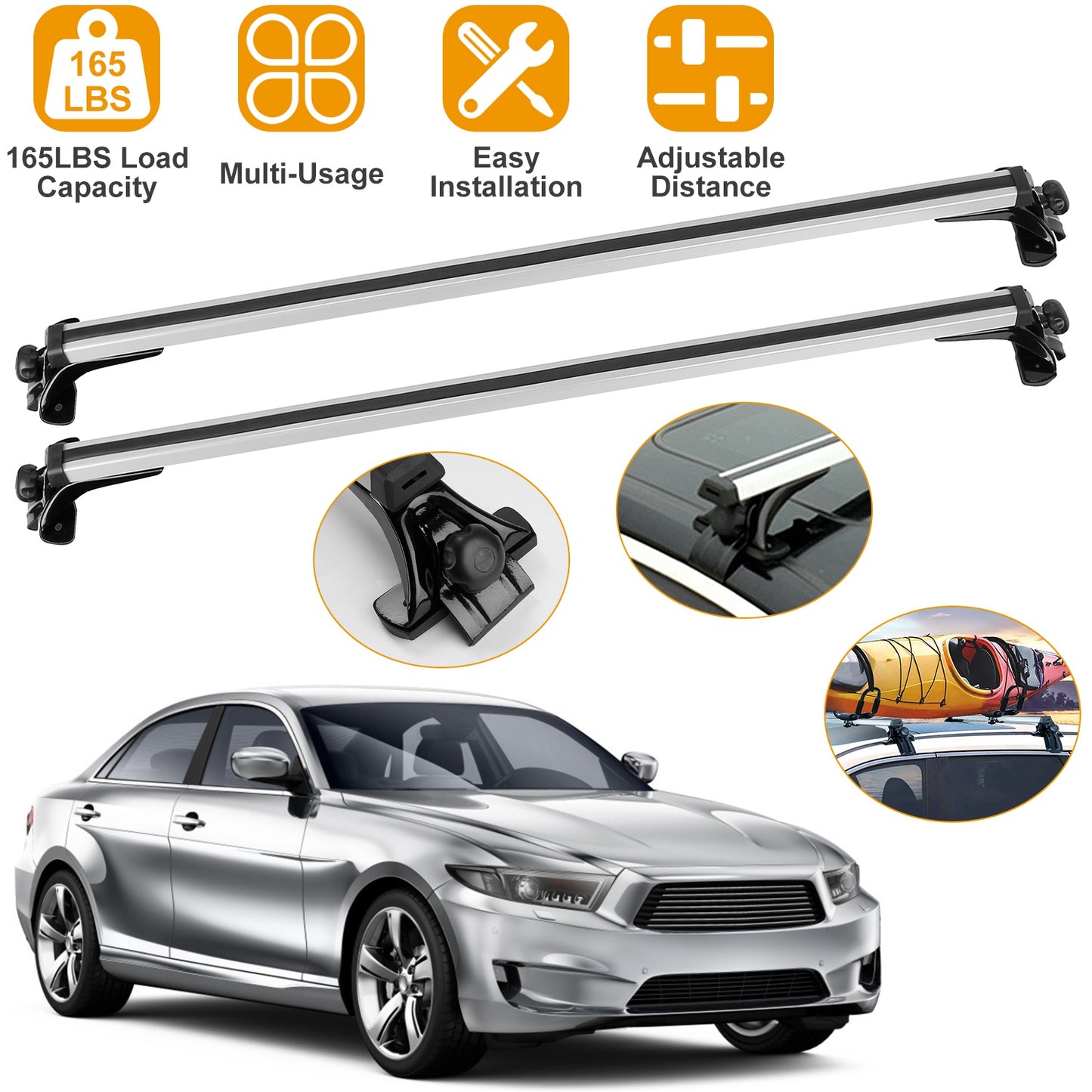 47.24in Universal Top Roof Rack Cross Bar Cargo Carrier Aluminum Crossbar Rack With 165LBS Capacity Fit For Most Vehicle Wagon Car Without Roof Side Rail