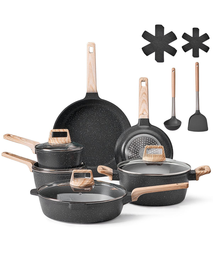 Induktion Töpfe Pfannen Set (17-teilig) Mit Glasdeckel, Antihaftbeschichtetes Kochgeschirr, Induktionskochtöpfe Für Die Küche Im Wohnmobil Zum Braten, Würzen Von Soßen Und Kochen (Schwarz)