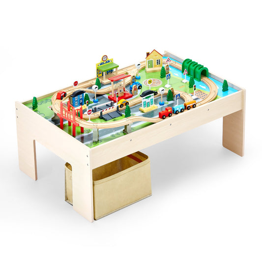 Train Table, 84 Multicolor Pieces Wooden Kids Activity Table With Collapsible Storage Bin, 3-in-1 Wooden Train Set For Gaming, Drawing, Reading, Eating, Creative Toy Set For Kids Ages 3+