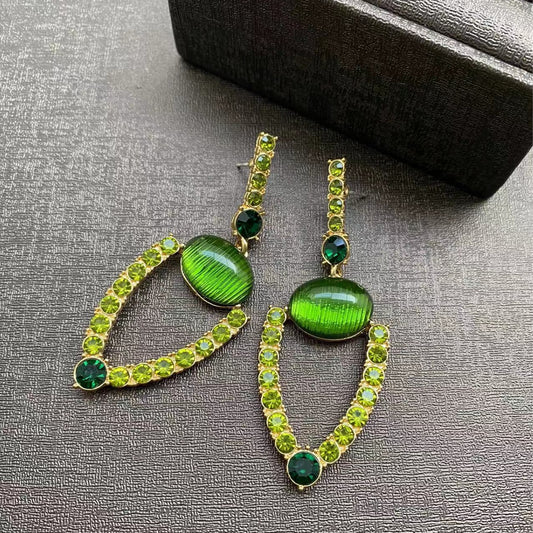 Exaggerated Diamond-studded Vintage Green Hollow-out Stud Earrings
