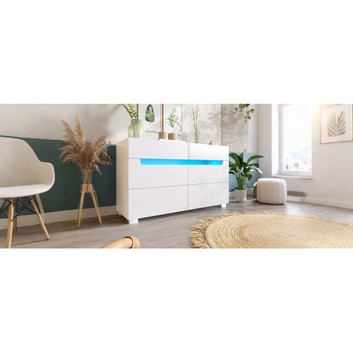 Sideboard Cabinet Dresser With 6 Drawers,Storage With RGB LED App Control, Sideboard With Cut-out Handles, 6-drawers Chest Of Drawers, 71 X 120 X 40 Cm, White