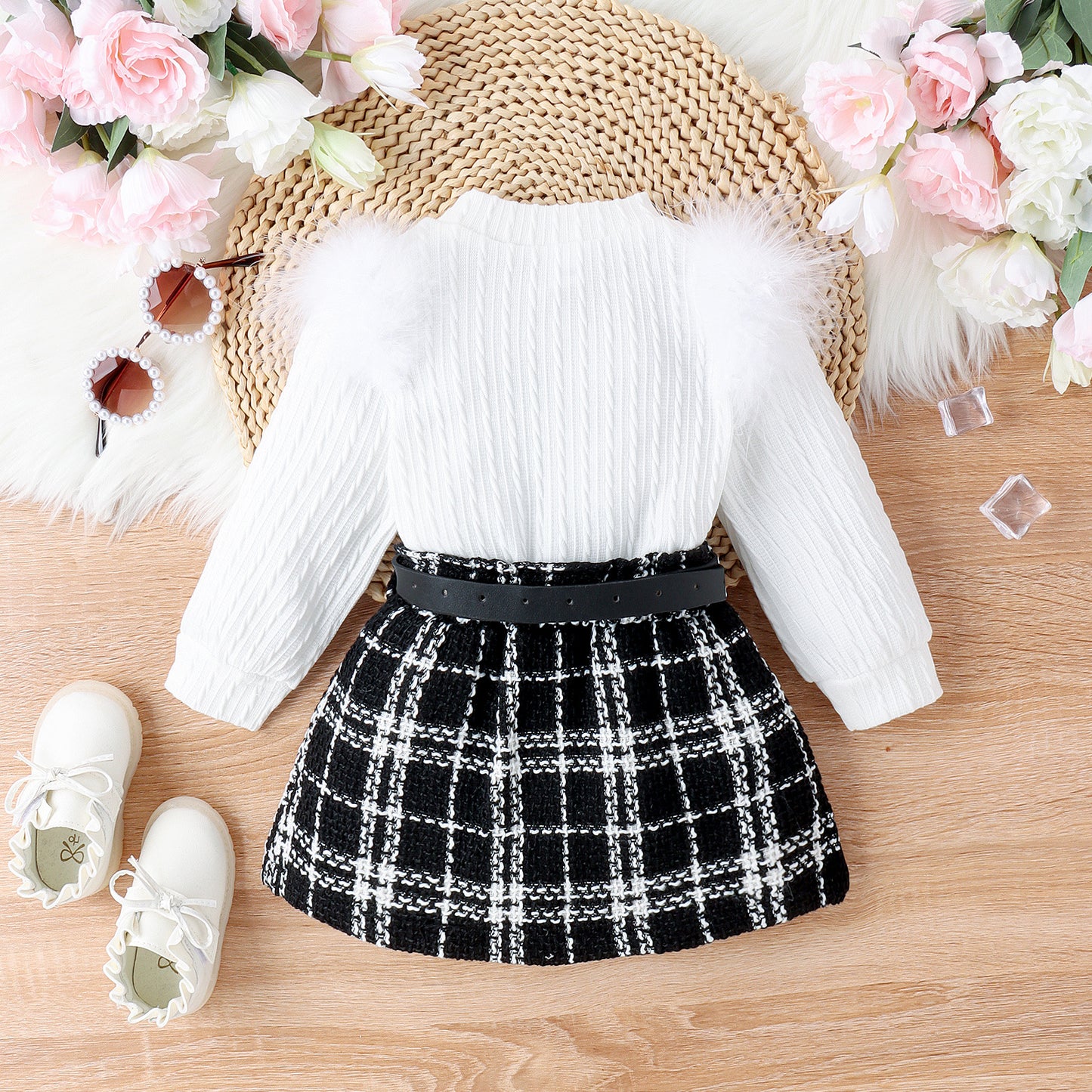 Autumn And Winter New Girls' Suit Furry Top Woolen Fabric Skirt With Belt Three-piece Set