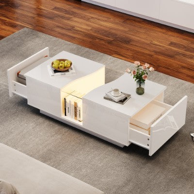 Led Coffee Table With 2 Drawer Storage, High Gloss Coffee Table For Living Room Unique Shape Centre Table With 16-Color Led Lights,End Table For Home Office Furniture, White