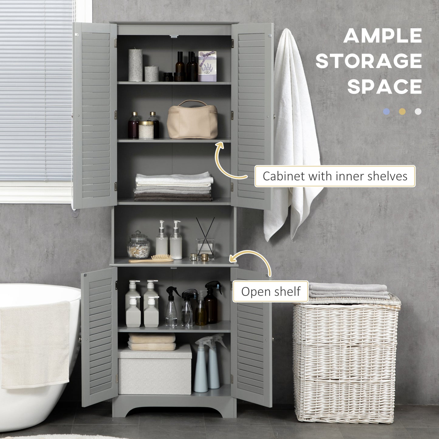 Tall Narrow Bathroom Storage Cabinet with Doors and Shelf Adjustability, Freestanding Linen Cabinet with 2 Cabinets and Countertop, Gray