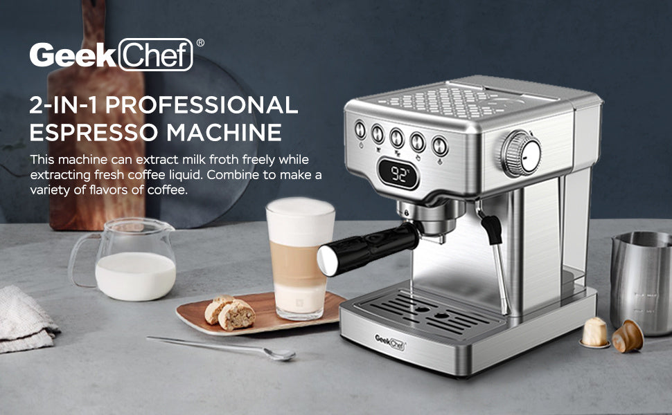 Geek Chef Espressomaschine, 20 Bar Espressomaschine mit Milchaufschäumer für Latte, Cappuccino, Macchiato, für Espressomaschine zu Hause, 1,8 l Wassertank, Edelstahl, Verbot bei Amazon