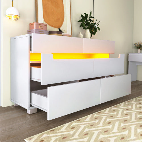 Sideboard Cabinet Dresser With 6 Drawers,Storage With RGB LED App Control, Sideboard With Cut-out Handles, 6-drawers Chest Of Drawers, 71 X 120 X 40 Cm, White