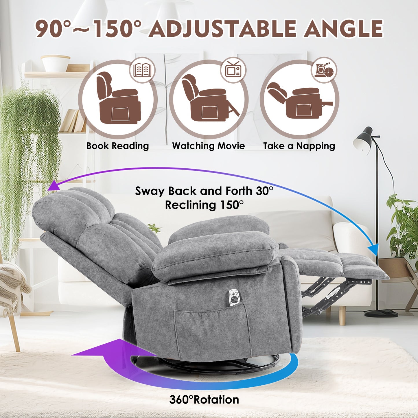 Massage Swivel Rocking Chair, Living Room Massage Chair With Vibration Massage And Heating, Ergonomic Recliner, USB Charging Port