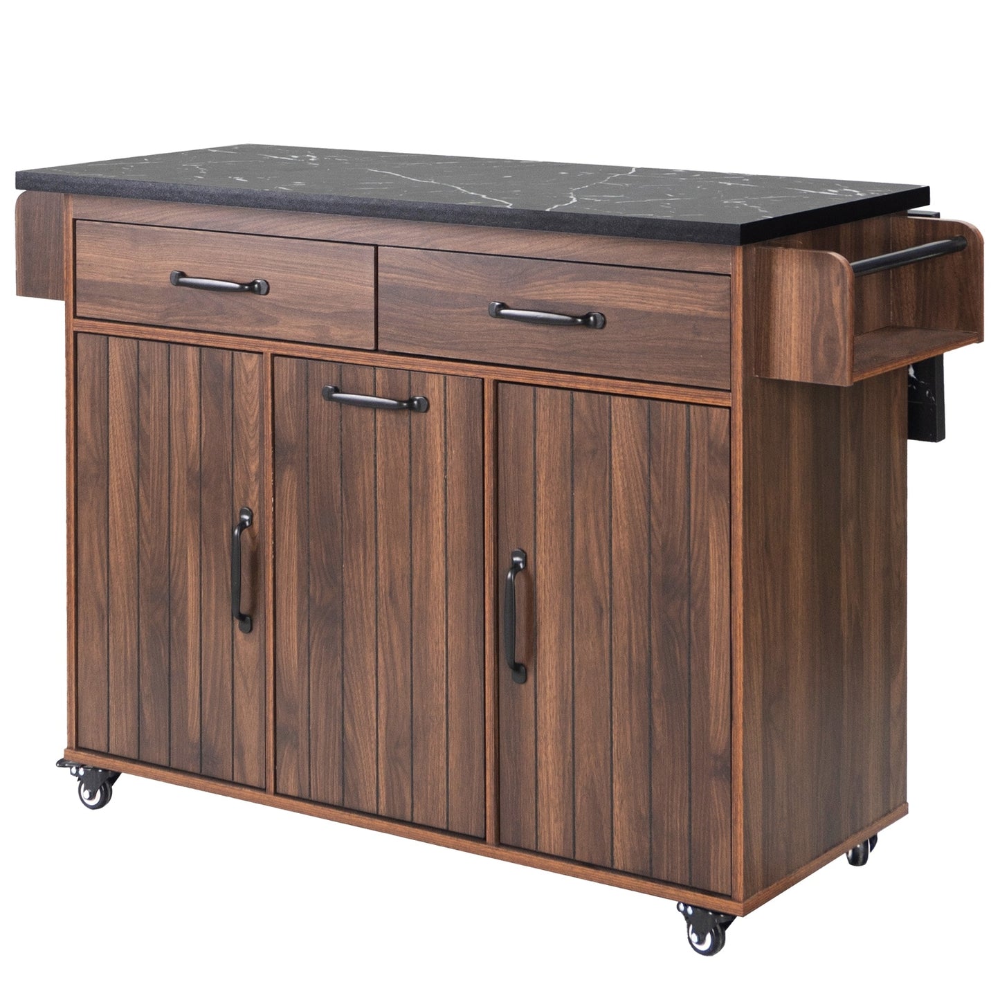 K&K Kitchen Island With Trash Can Storage Cabinet, Kitchen Cart With Drop Leaf, Spice Rack, Towel Ra