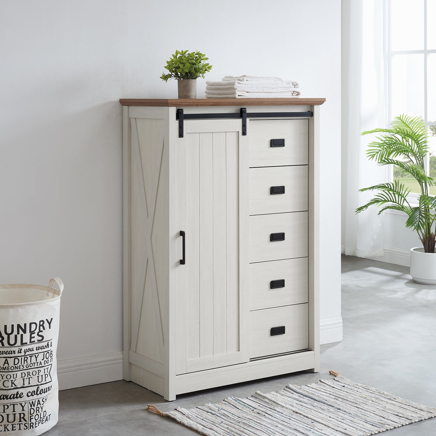 5 Drawers Dresser W Sliding Barn Door, Farmhouse Modern Tall Dresser 5 Chest Of Drawers, Storage Organizer Dresser For Bedroom, Hallway, Living Room, Kids Room WHITE