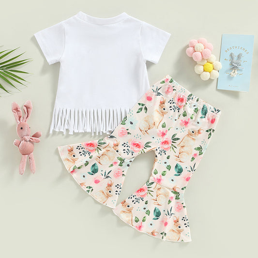 Easter Bunny Print Tassel Short-Sleeve Flare Pants Two-Piece Set