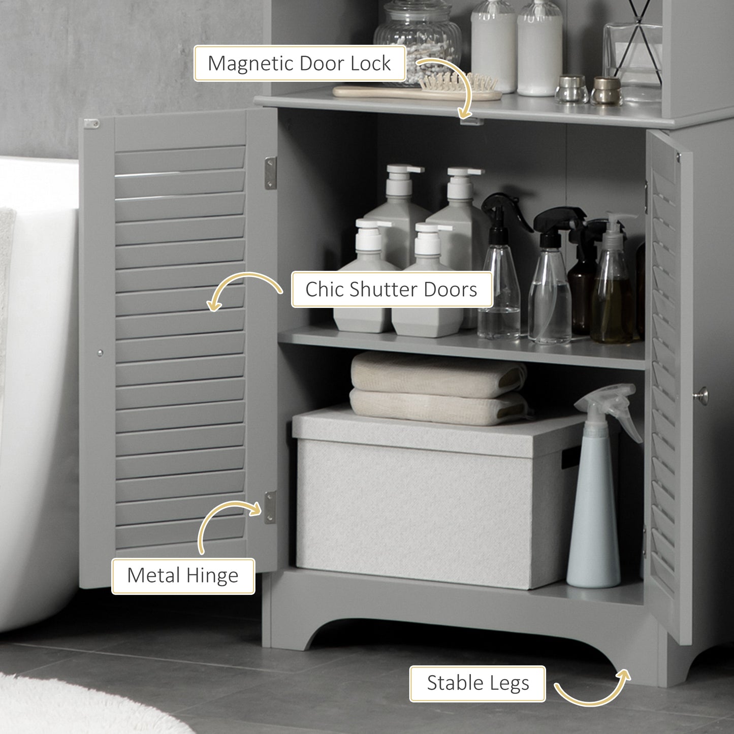 Tall Narrow Bathroom Storage Cabinet with Doors and Shelf Adjustability, Freestanding Linen Cabinet with 2 Cabinets and Countertop, Gray