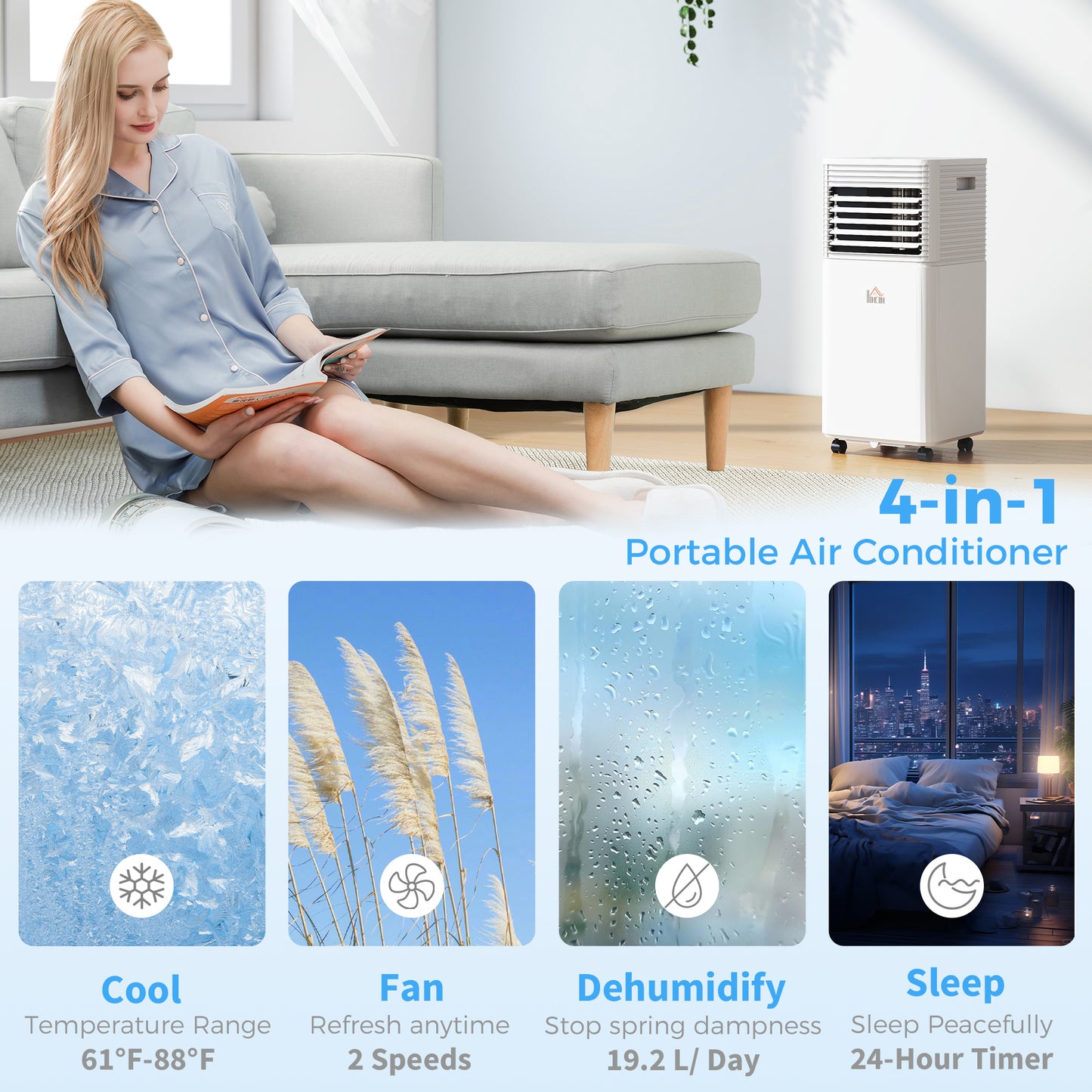 10000 BTU Mobile Air Conditioner for Cooling and Dehumidifying, Remote Control, 24H Timer, LED Display, White