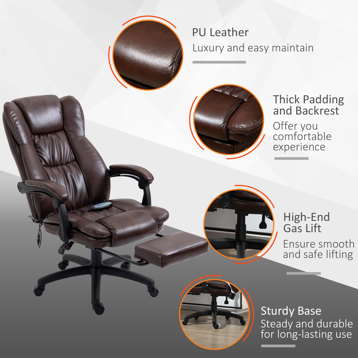 High Back Massage Office Chair with 6-Point Vibration, 5 Modes, Executive Chair, PU Leather Swivel Chair with Reclining Back, and Retractable Footrest, Brown