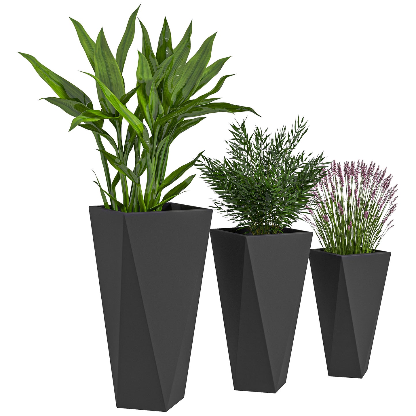 Indoor Outdoor Planters Set of 3 MgO Tall Planters Stackable Flower Pots with Drainage Holes for Garden, Balcony, Black
