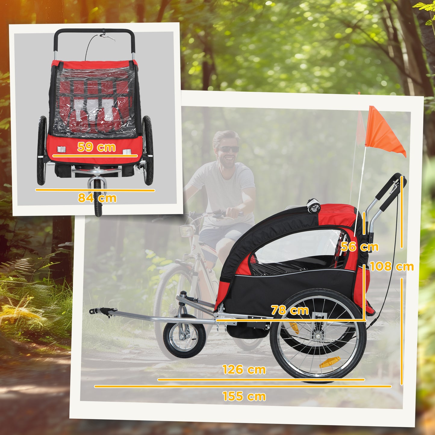 2 Seat Bike Trailer With 5 Point Harness, Baby Bike Stroller With Safety Flag, Reflectors, For 18+ Months, Red