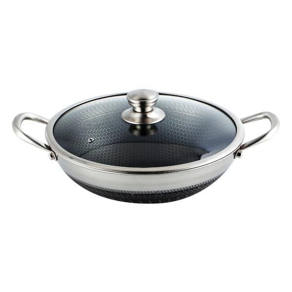 304 Stainless Steel Pot With Two Handles Honeycomb Uncoated Flat Bottom Wok