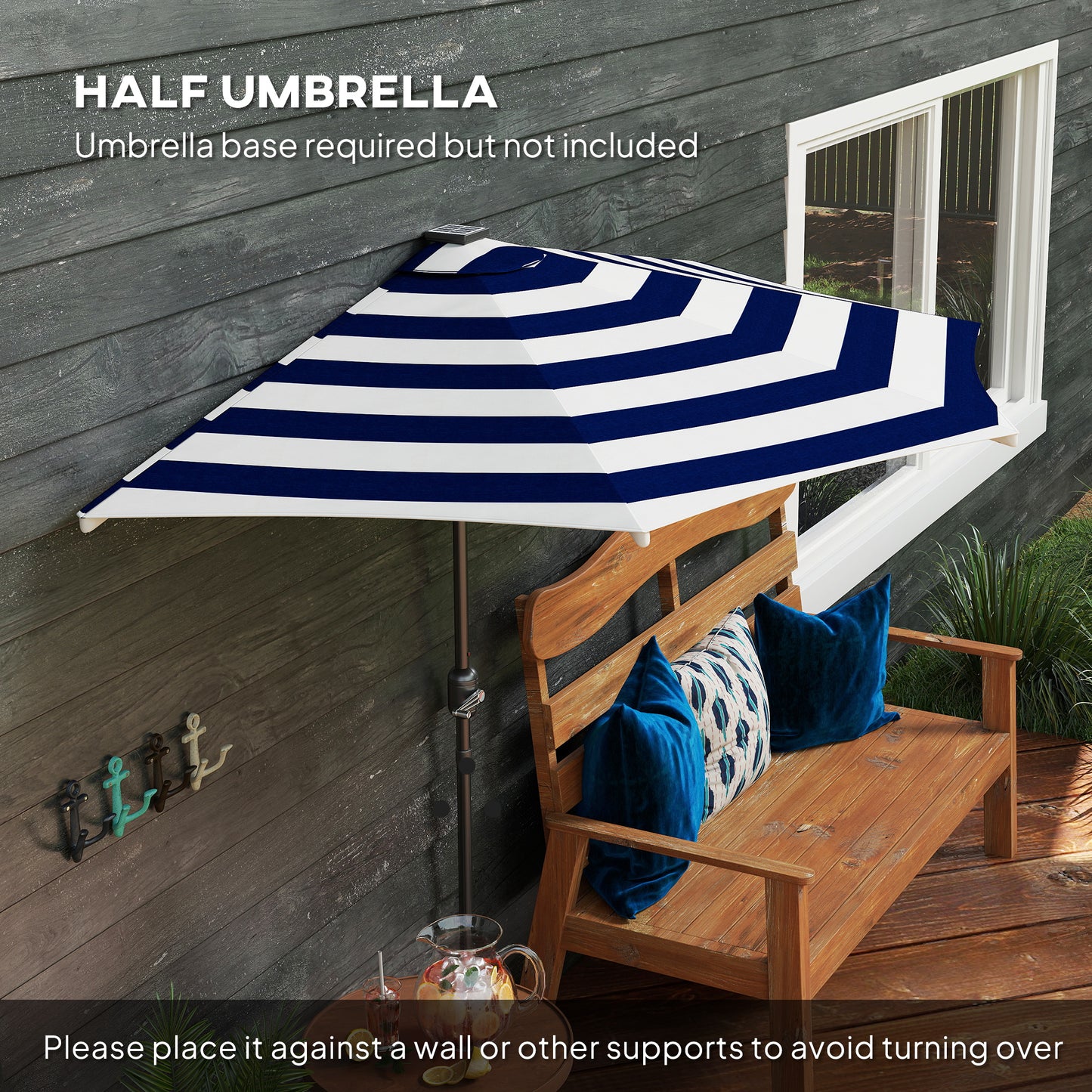 Half Umbrella Outdoor Patio Umbrella, UPF 30+ Small Balcony Umbrella, Vented Half Patio Umbrella with Crank 8 Ribs, Porch Umbrella for Garden Deck Poolside, Navy Blue