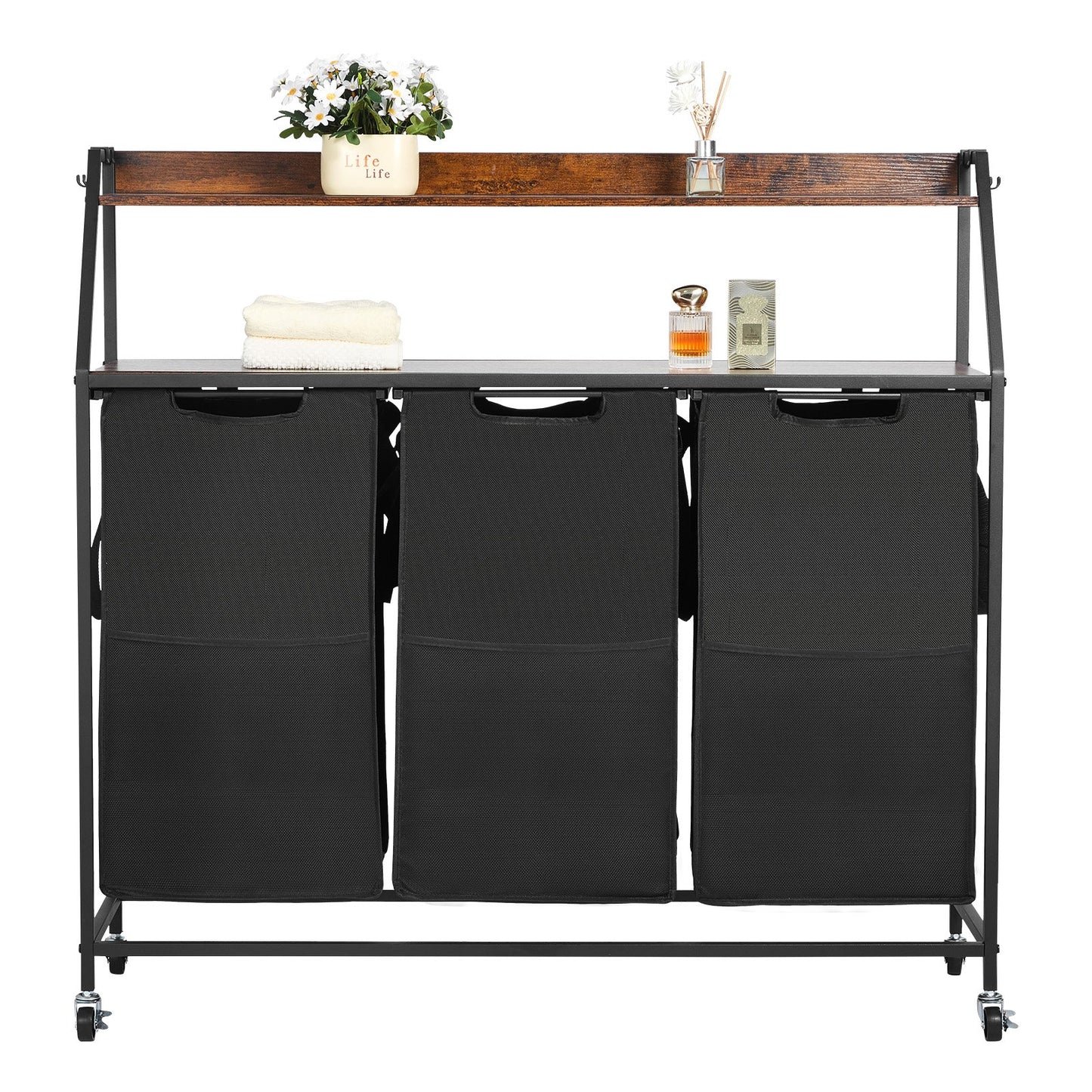 Wäschekorb Wäschesortierer Mit 3 Fächern (600D Oxfordstoff) & Holztischplatte, Wäschesammler Auf Rollen Mit Leiterregalen, Wäschetrenner Wäsche-Sortiersystem Für Schmutzige Kleidung