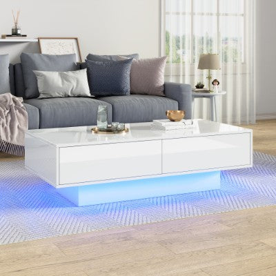 White High Gloss LED Coffee Table, Tea Table With 16 Colors LED Lights, Coffee Table With 2 Drawers Rectangular Table For Office, Store And Living Room