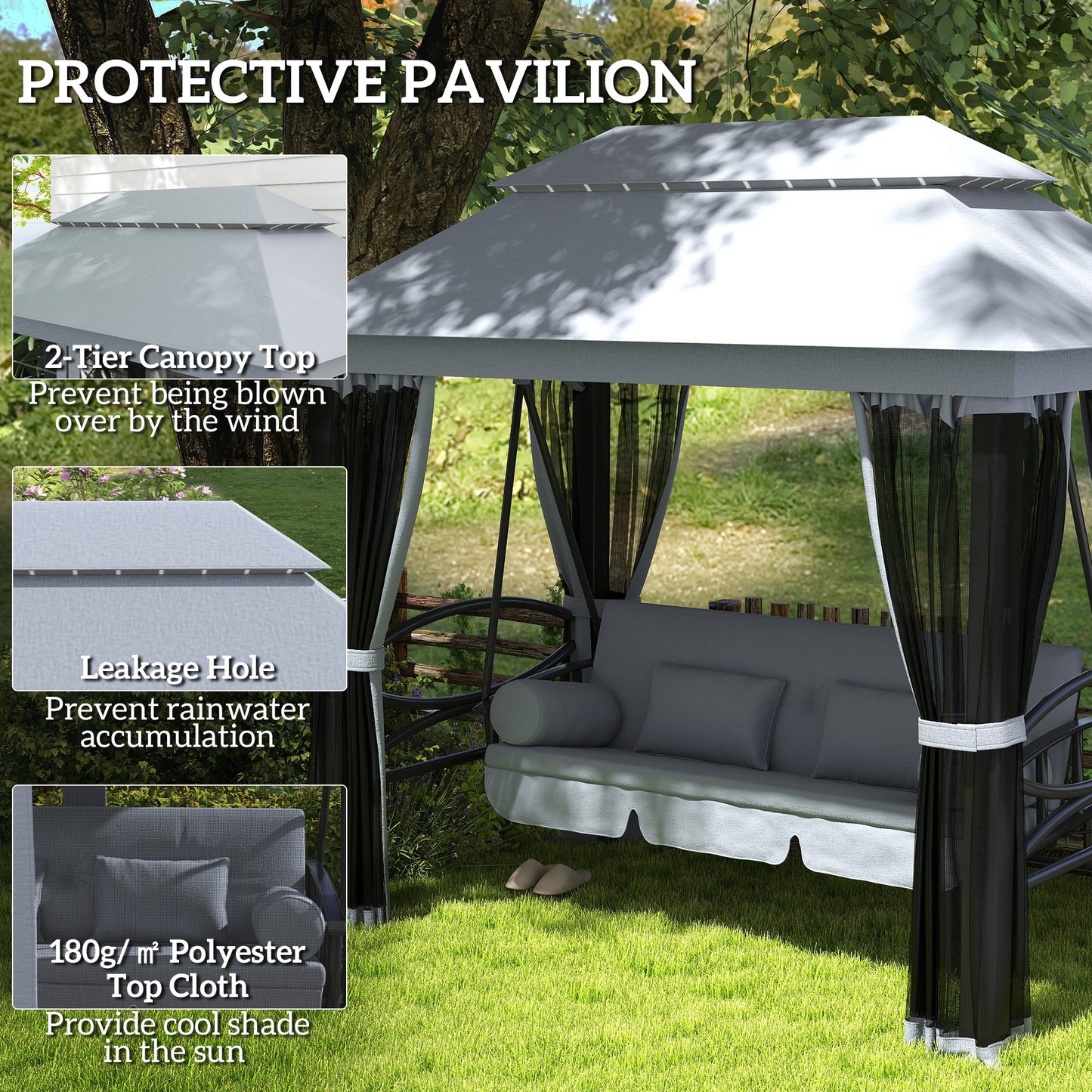3-Seat Patio Swing Chair, Outdoor Gazebo Swing With Double Tier Canopy, Mesh Sidewalls, Cushioned Seat And Pillows, Gray
